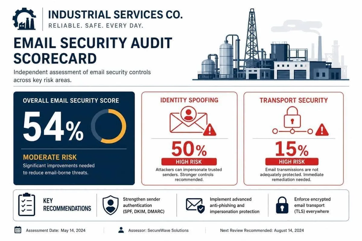Illustration: universalplant.com email security audit scores showing identity and transport gaps