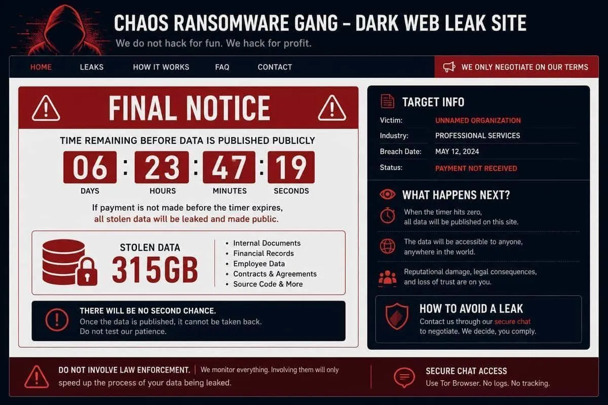 Illustration: Chaos ransomware final notice extortion threat before public data leak