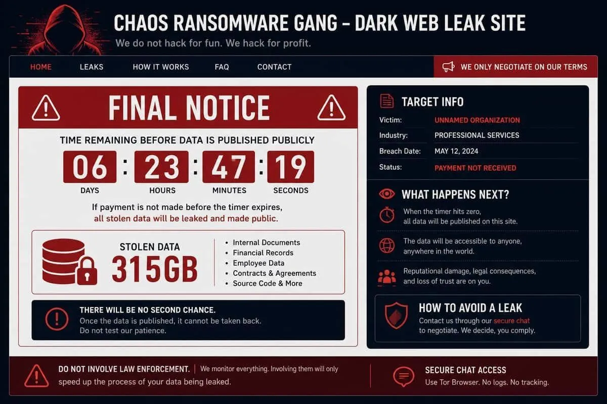 Illustration: Chaos ransomware final notice extortion threat before public data leak