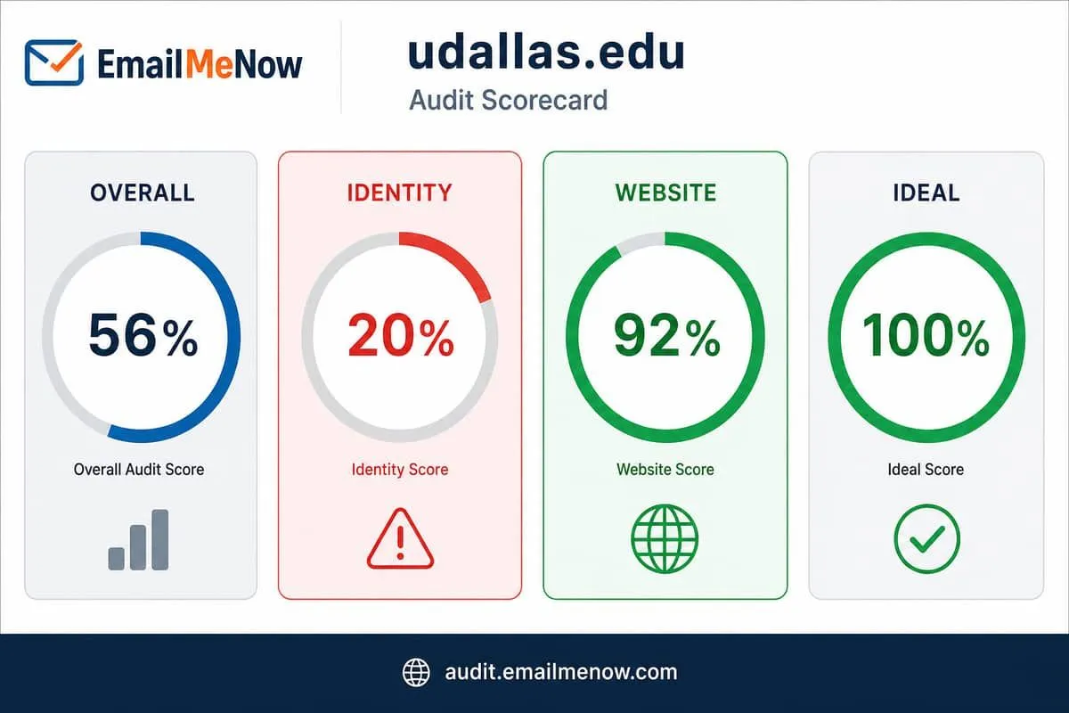Illustration: udallas.edu audit highlighting 20% identity despite 92% website score