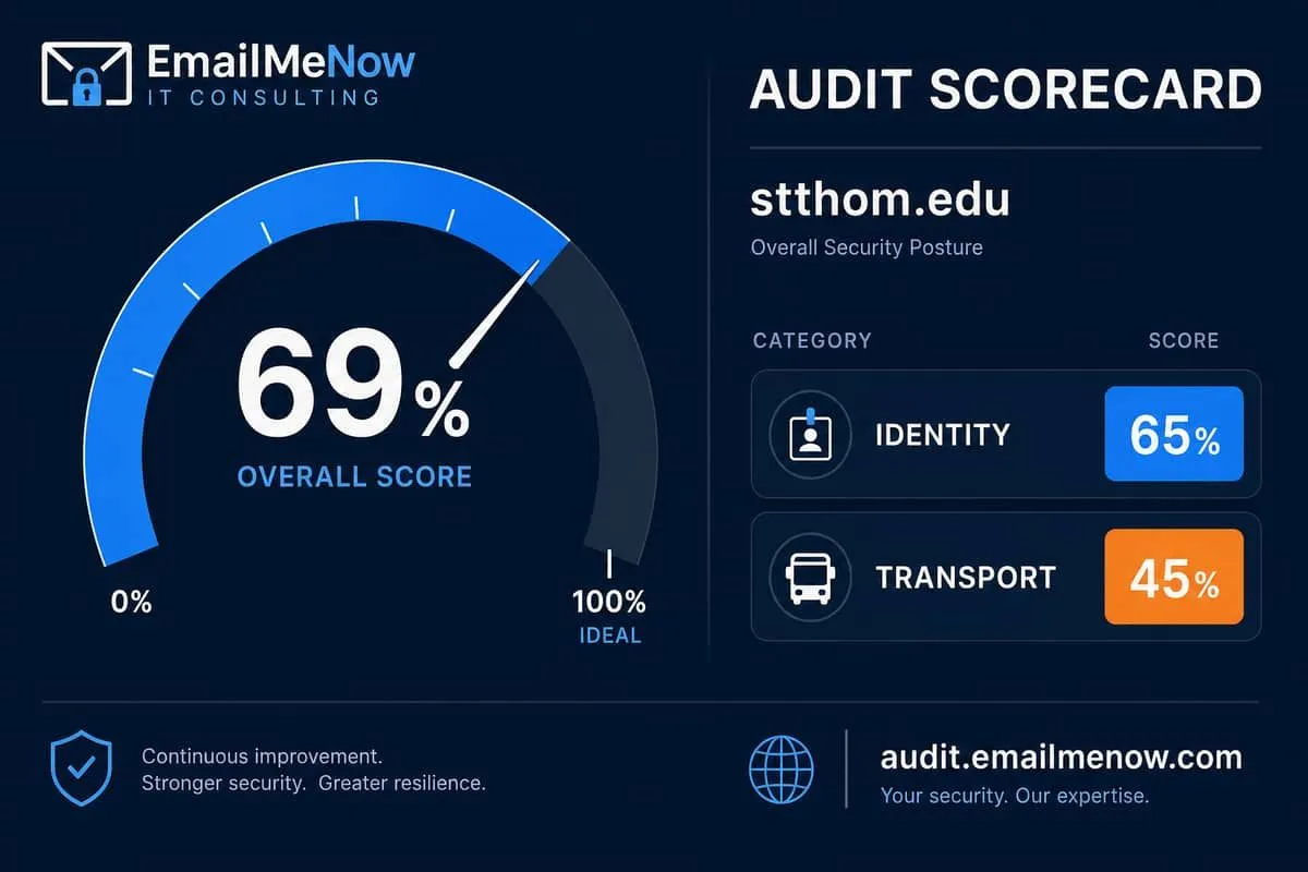 Illustration: stthom.edu audit scorecard at 69% overall versus 100% ideal
