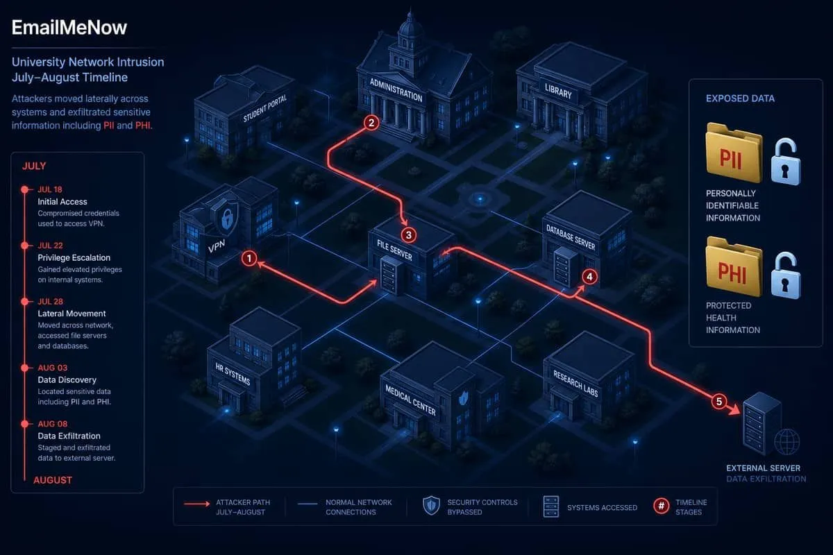 Illustration: private university network intrusion exposing student and employee PII and health data