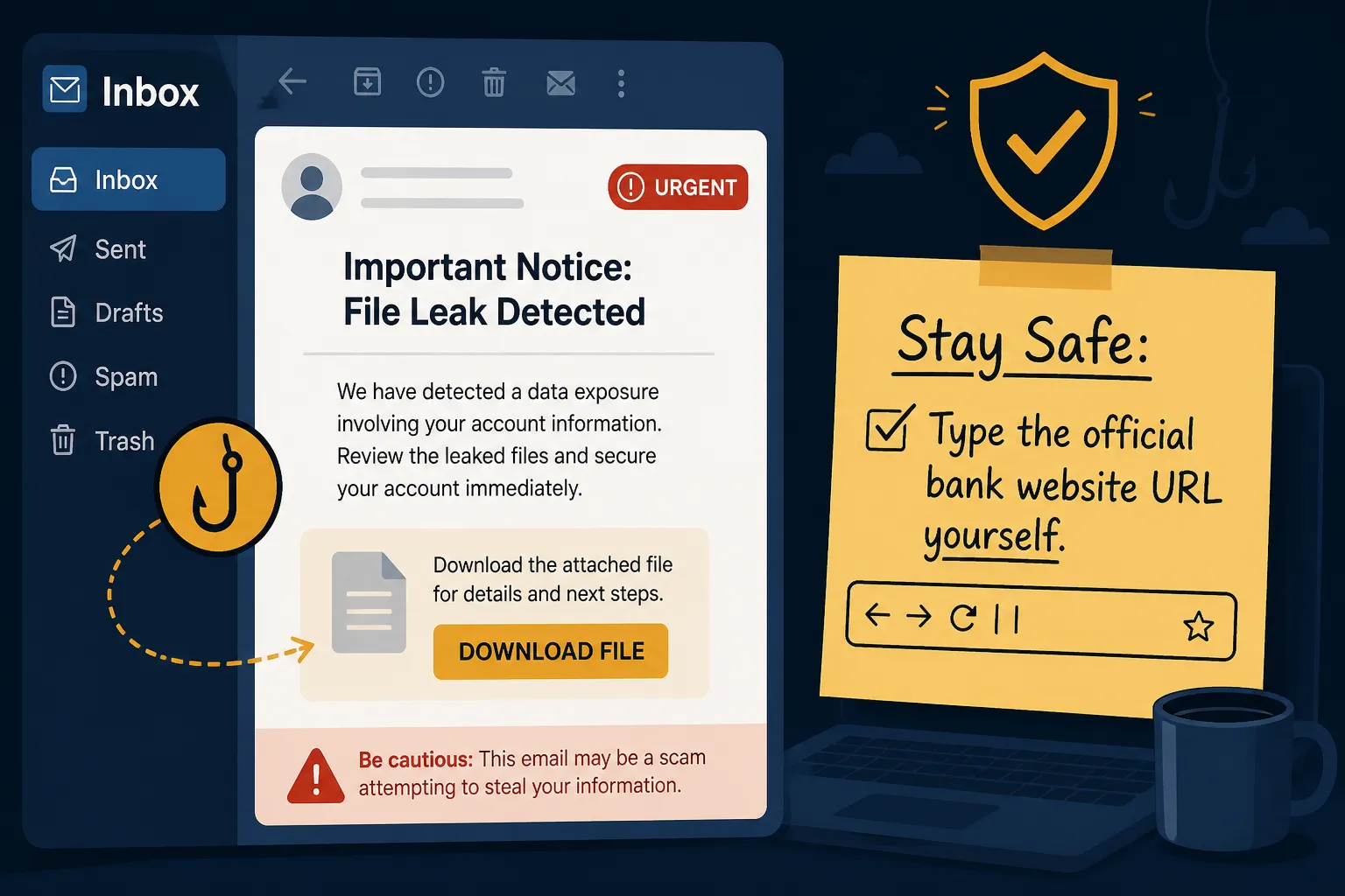 Phishing inbox lure for a fake bank file-leak notice beside a note to type the official URL