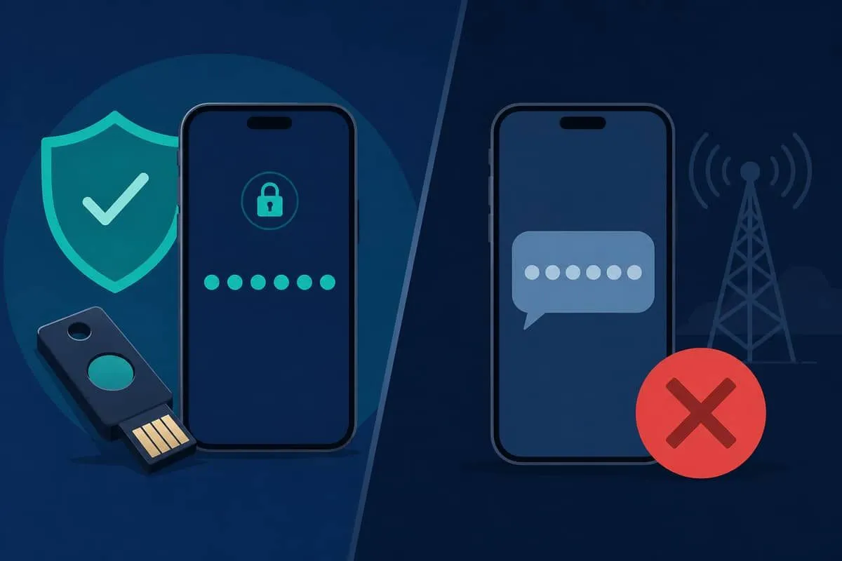 Hardware security key beside authenticator dots, contrasted with a weak SMS code