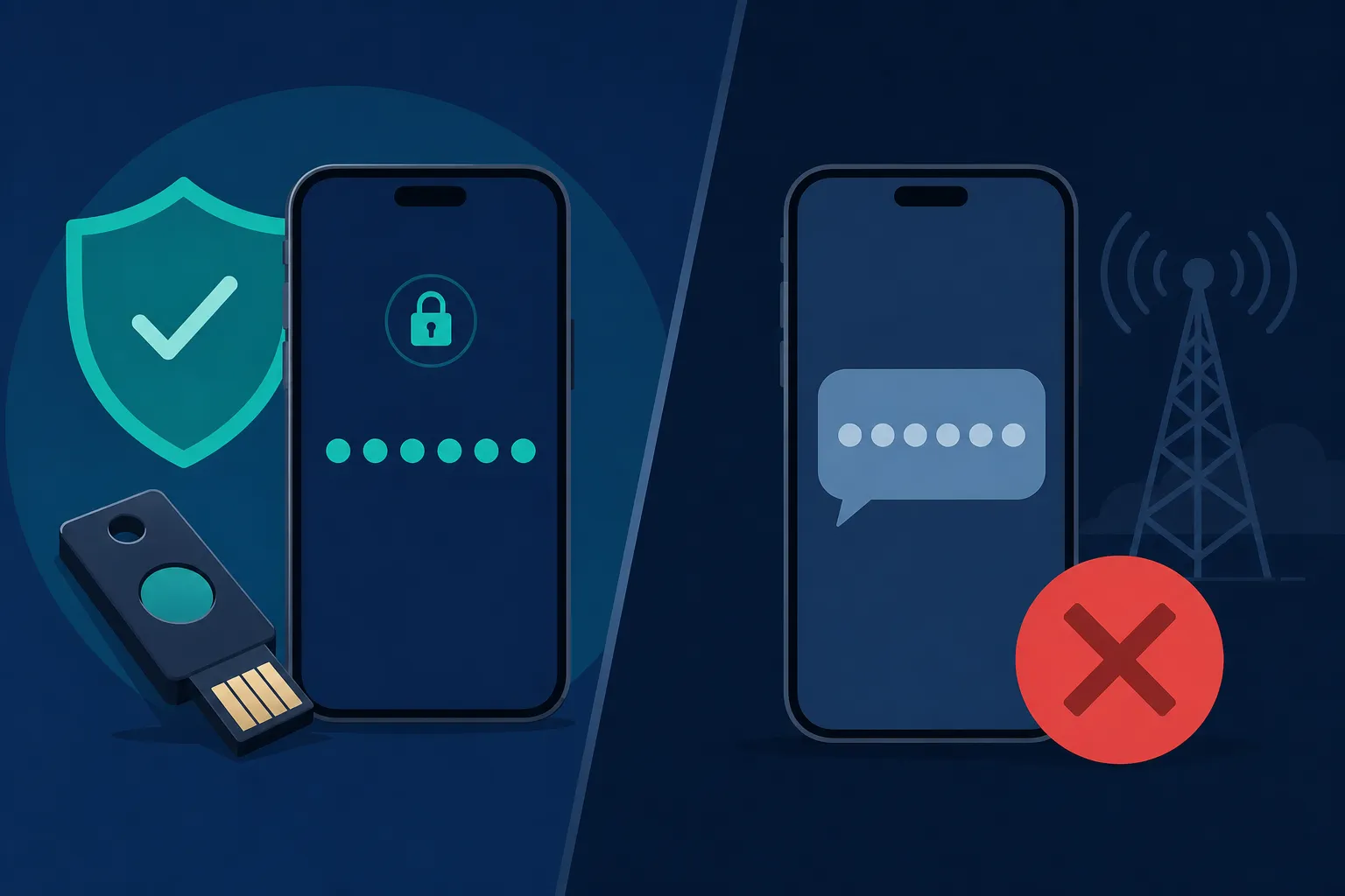 Hardware security key beside authenticator dots, contrasted with a weak SMS code