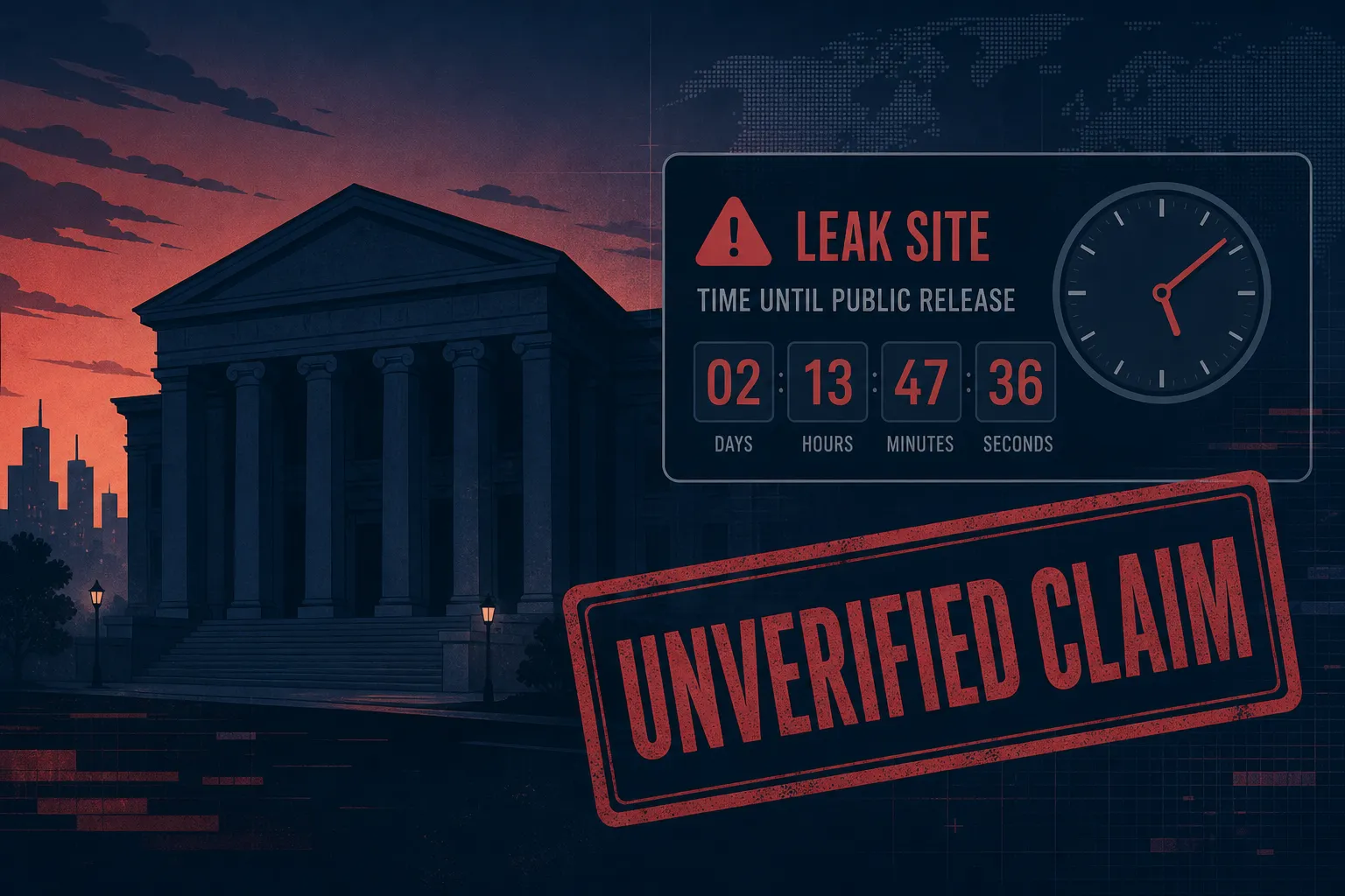 Bank building silhouette at dusk with an unverified leak-site countdown overlay