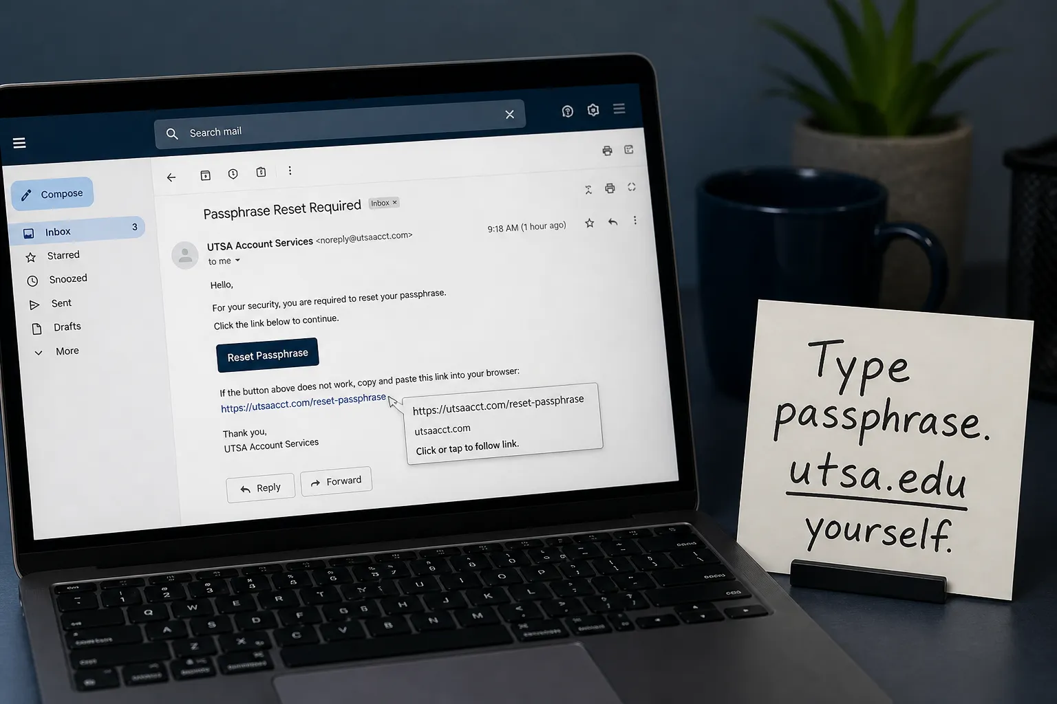 Inbox lure for a fake campus passphrase reset beside a note to type the official portal