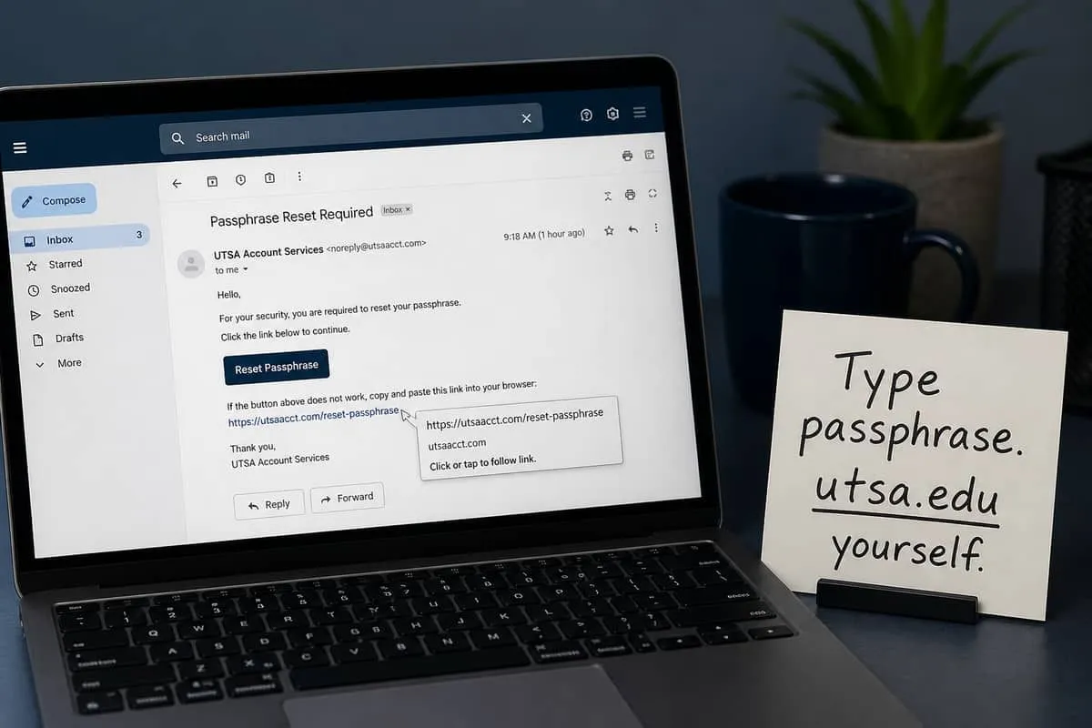 Inbox lure for a fake campus passphrase reset beside a note to type the official portal