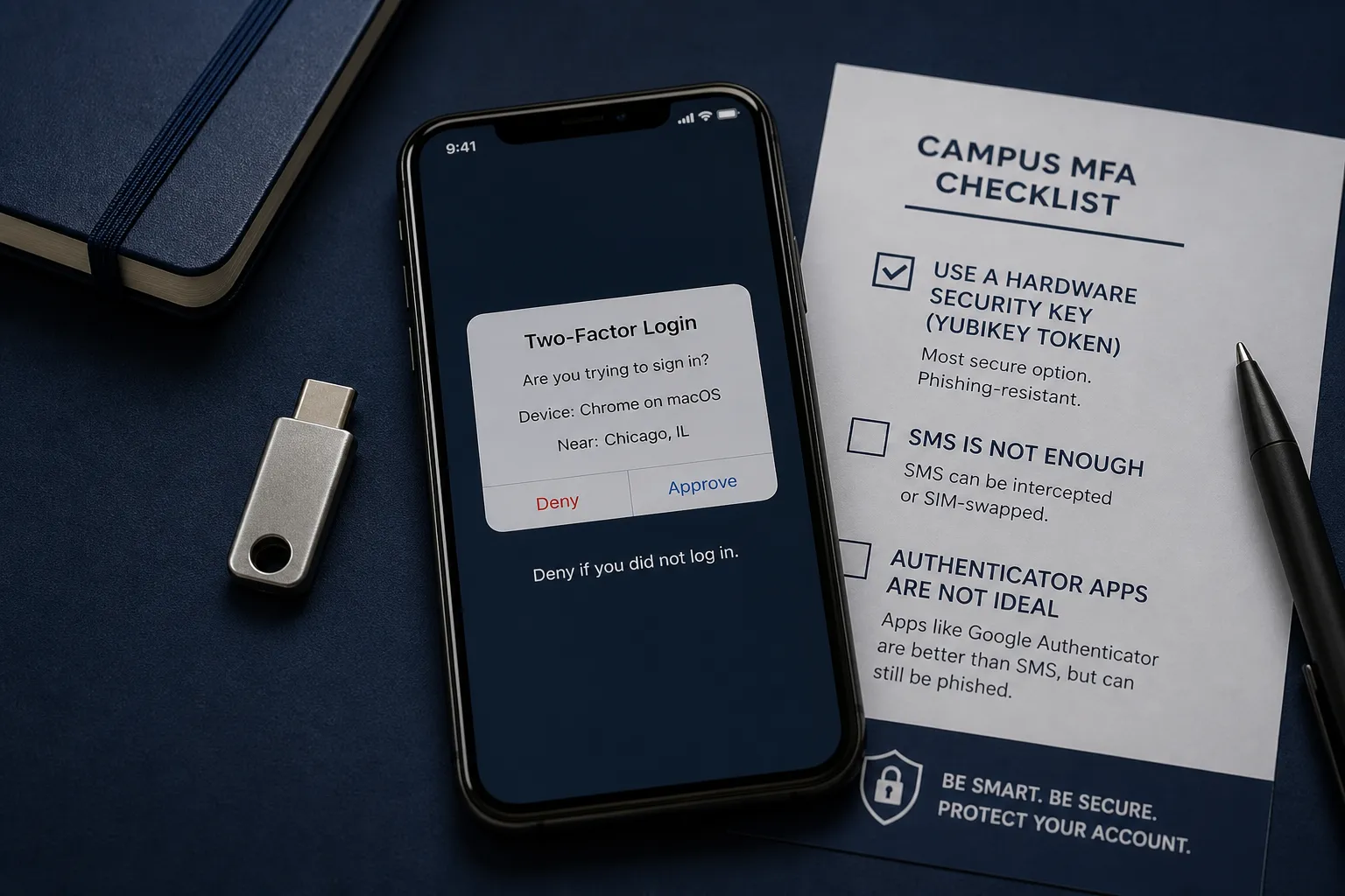Hardware security key beside a two-factor push prompt and a campus MFA checklist