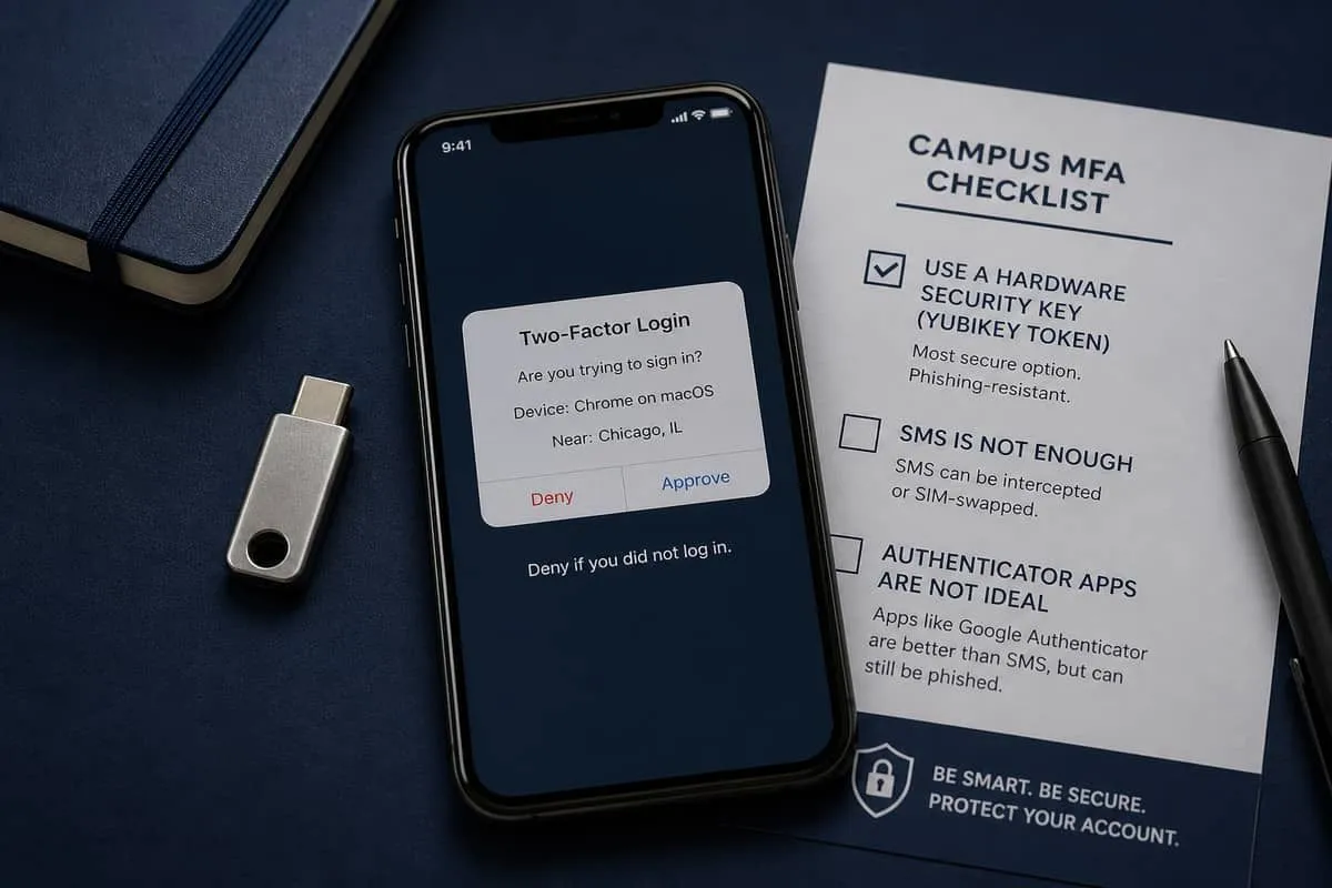 Hardware security key beside a two-factor push prompt and a campus MFA checklist