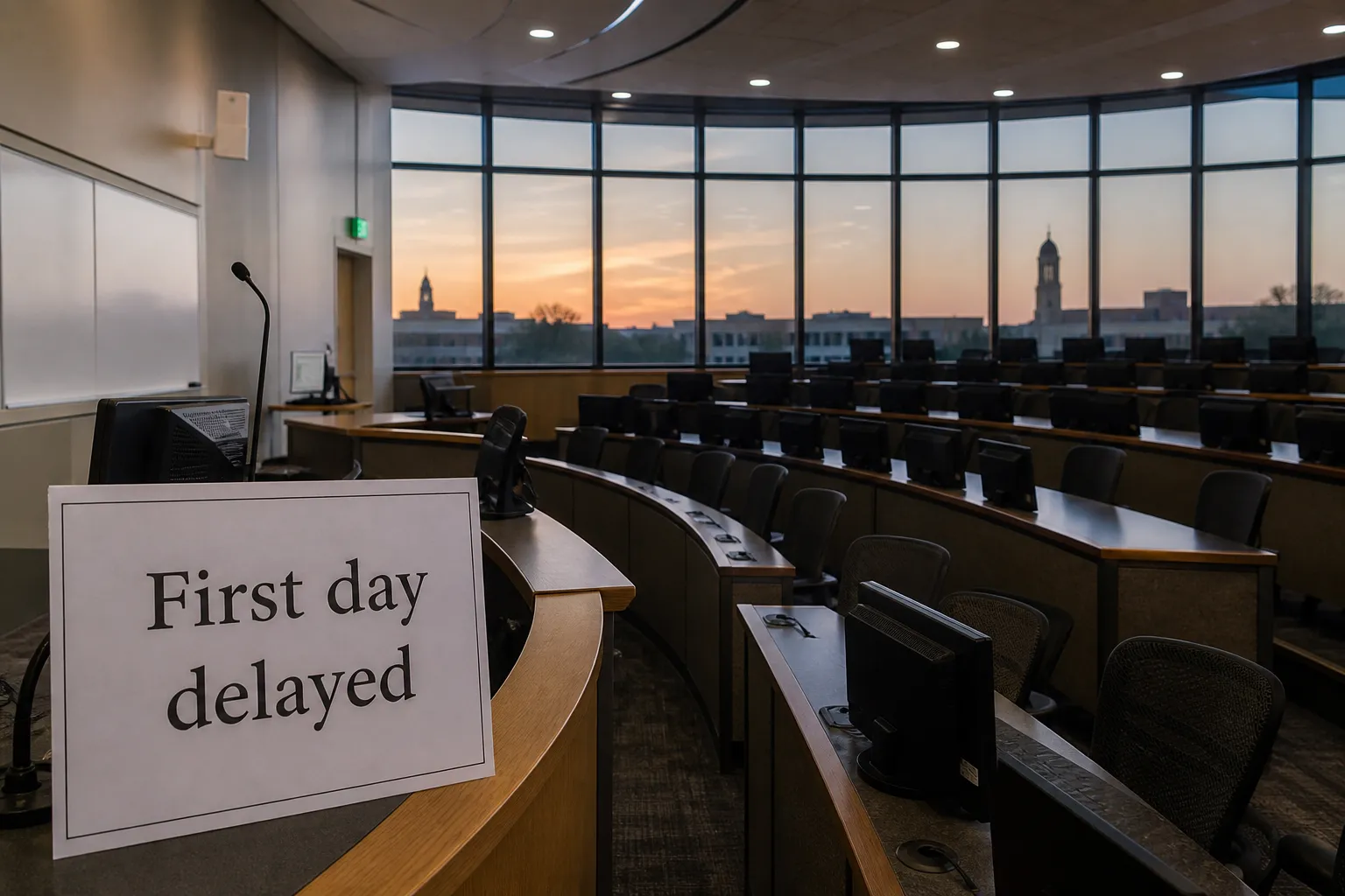 Empty university lecture hall with dark monitors and a first-day-delayed sign