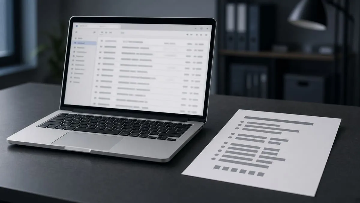 Laptop with a blurred inbox beside a redacted one-page security report