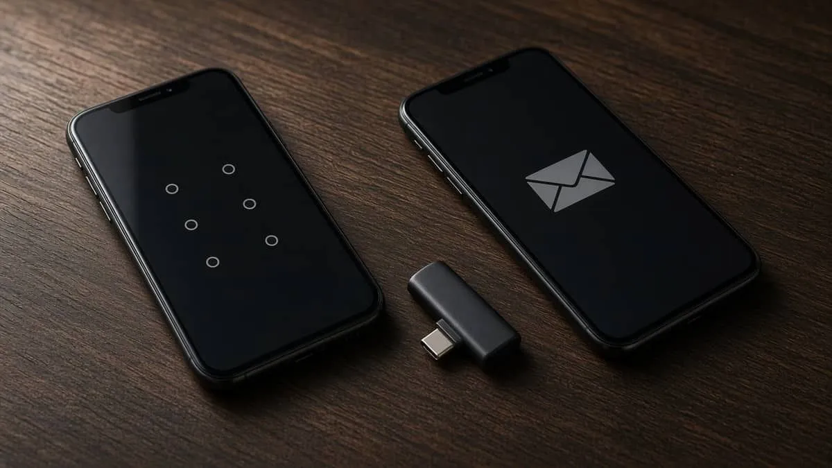 Hardware security key beside two phones, one for an authenticator-style code and one for a weaker SMS prompt