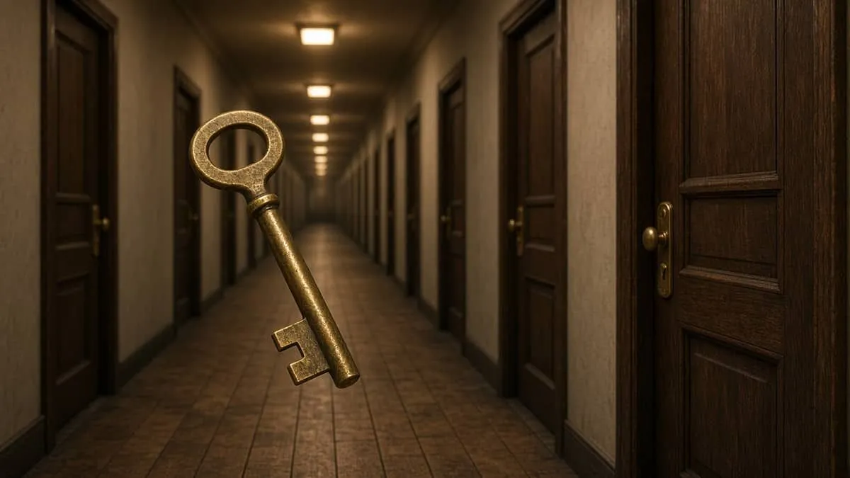 One worn key held in front of a hallway of identical locked doors