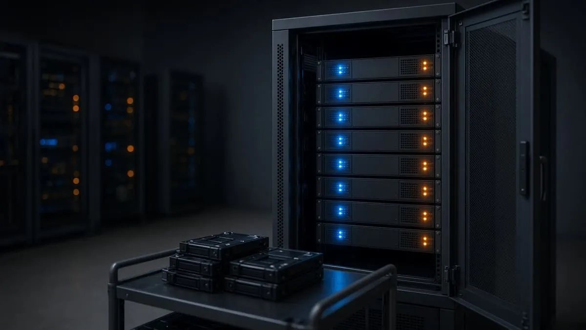 Unlocked server cabinet in a dim room with unlabeled drives left on a cart
