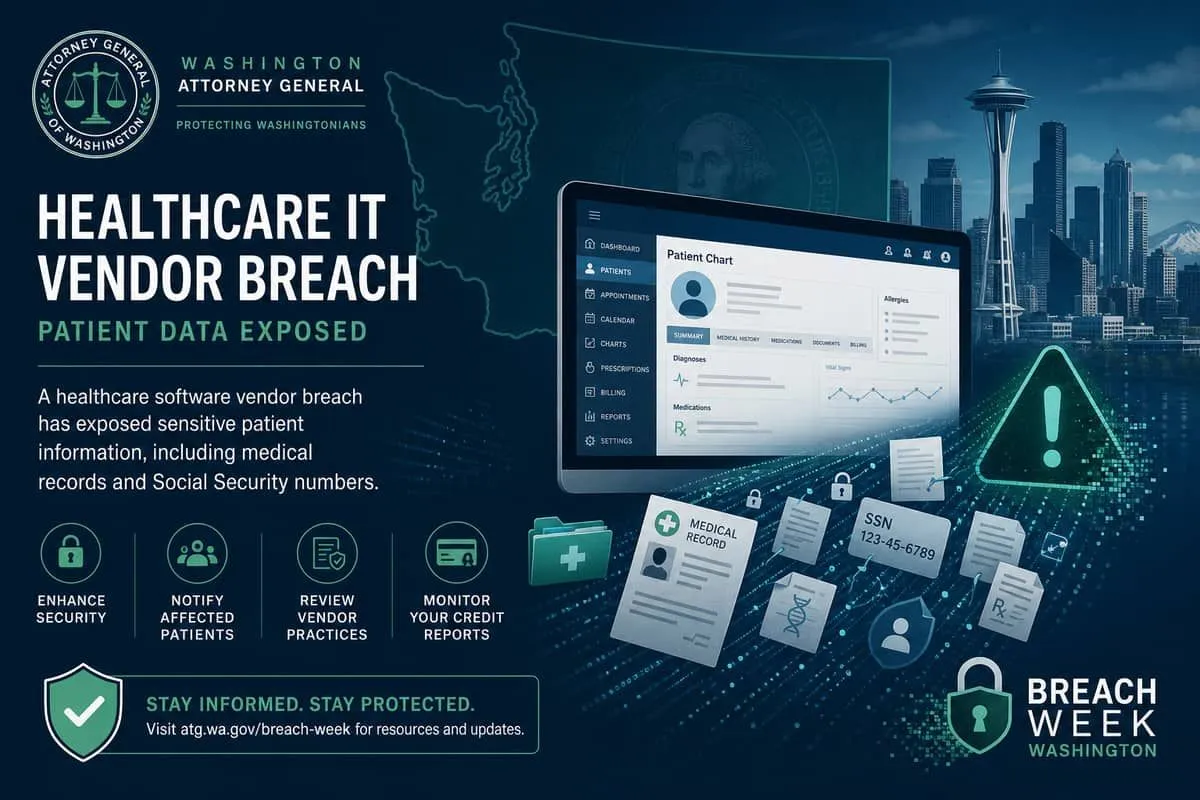 Illustration: healthcare IT vendor breach exposing patient medical records across Washington state