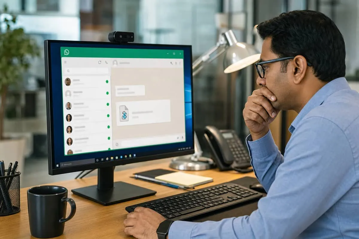 Illustration: bookkeeper receiving a fake supplier invoice attachment via WhatsApp Desktop