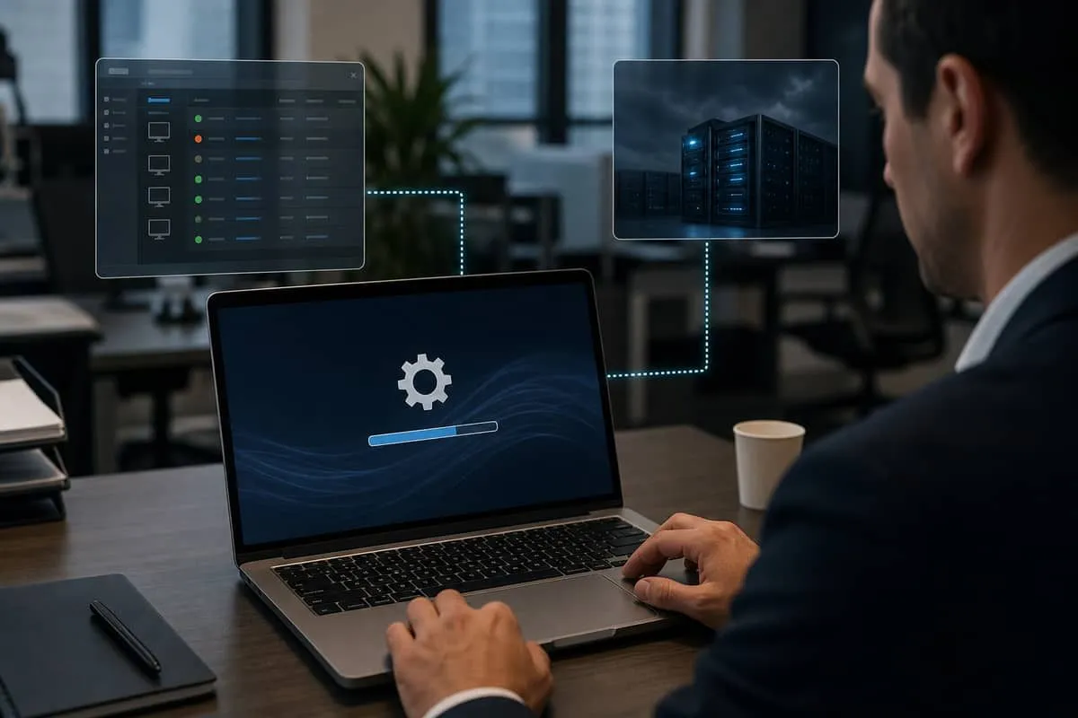 Illustration: remote management software installing quietly on a workstation