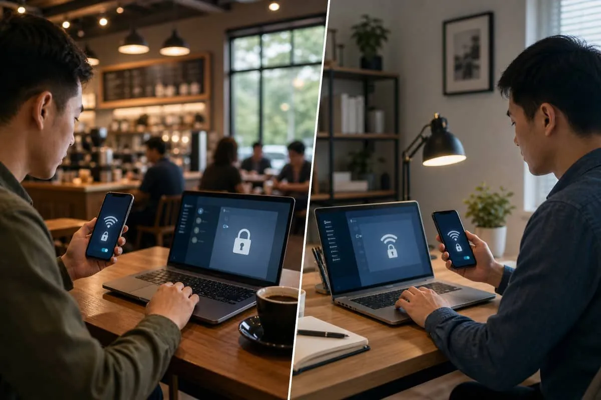 Home office user checking WPA3 Wi-Fi settings on laptop and phone