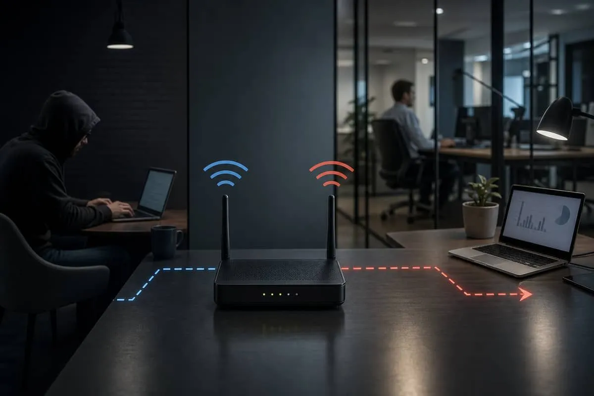 Illustration: attacker on guest Wi-Fi reaching staff devices through shared router hardware