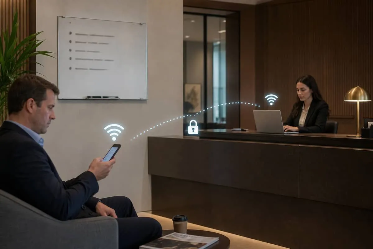 Illustration: reception area guest WiFi password shared while staff systems use same router