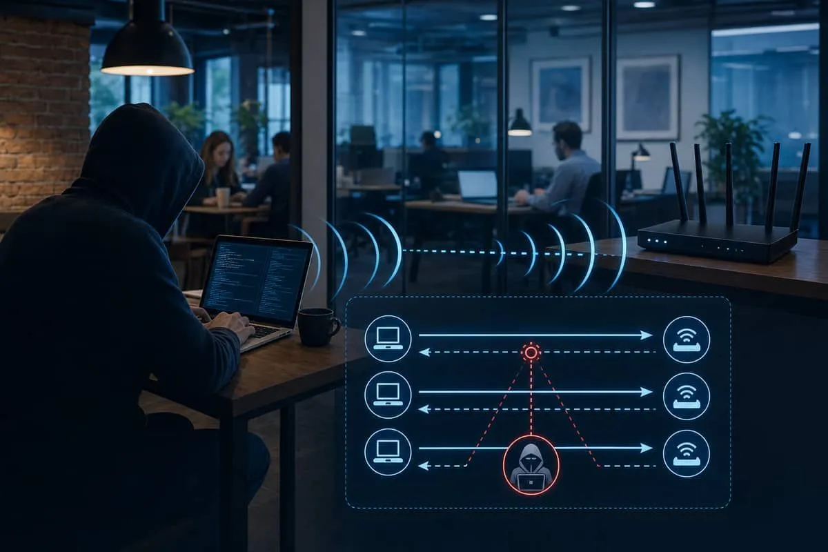 Illustration: attacker within Wi-Fi range intercepting WPA2 four-way handshake messages