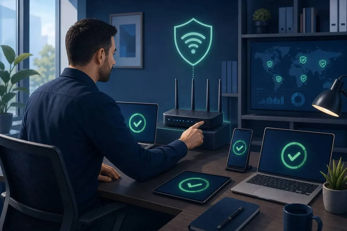 Illustration: IT admin patching router firmware and client devices after KRACK