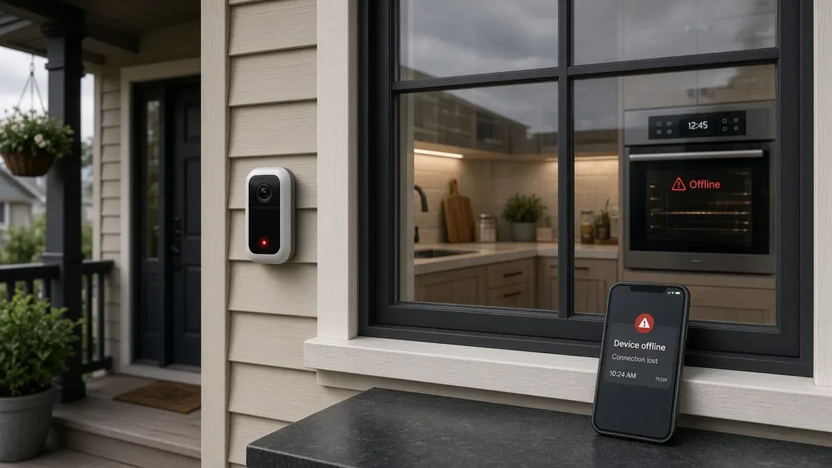 Video doorbell and smart oven in a kitchen both showing disconnected or offline status on their displays.