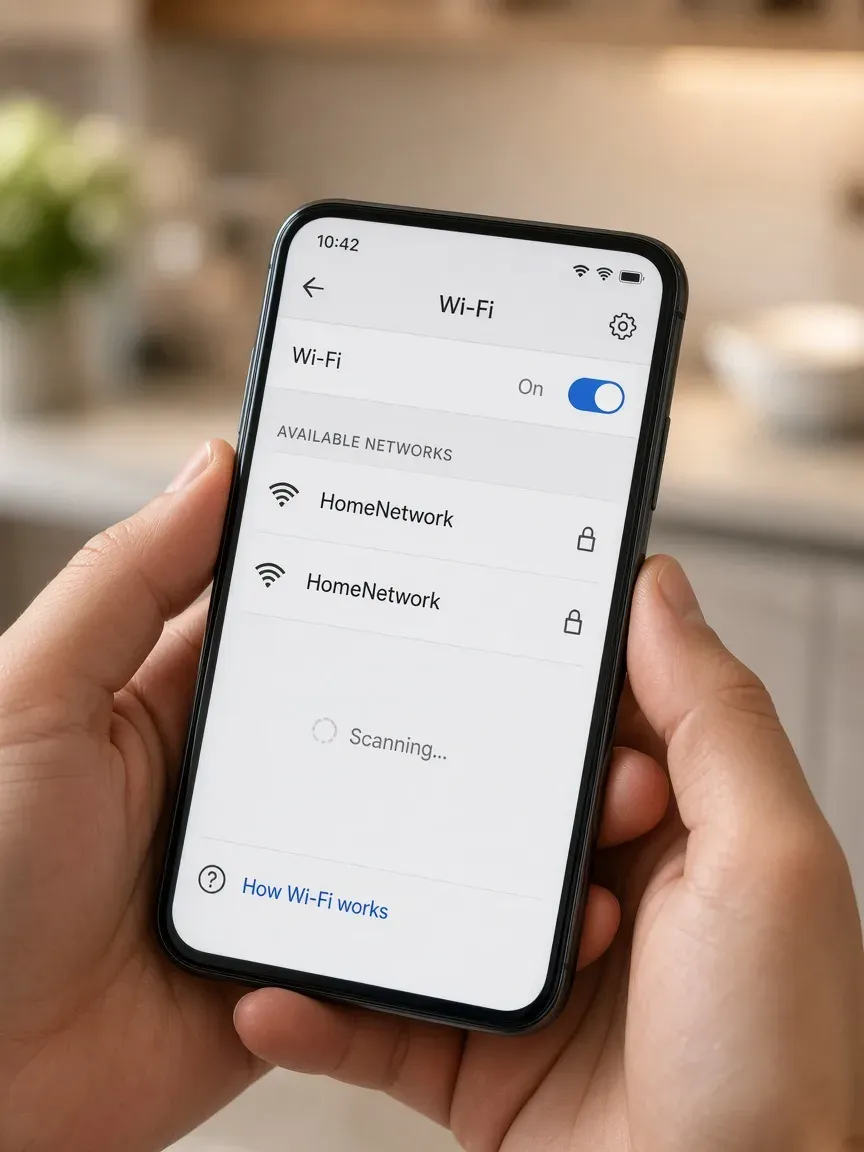 Smartphone Wi-Fi settings list showing two nearly identical network names, suggesting a rogue look-alike hotspot.