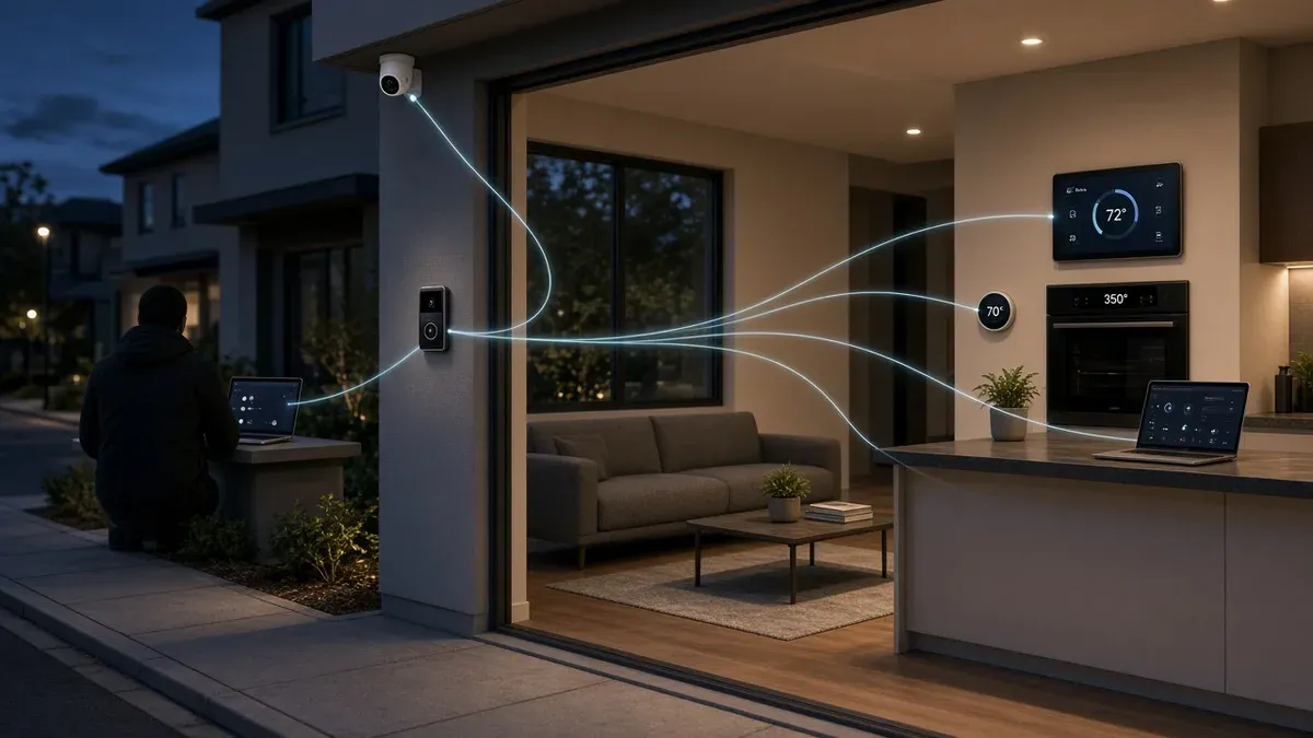 Smart home with doorbell, cameras, thermostat, and kitchen appliances while a person outside with a laptop is shown with subtle network lines toward indoor devices.