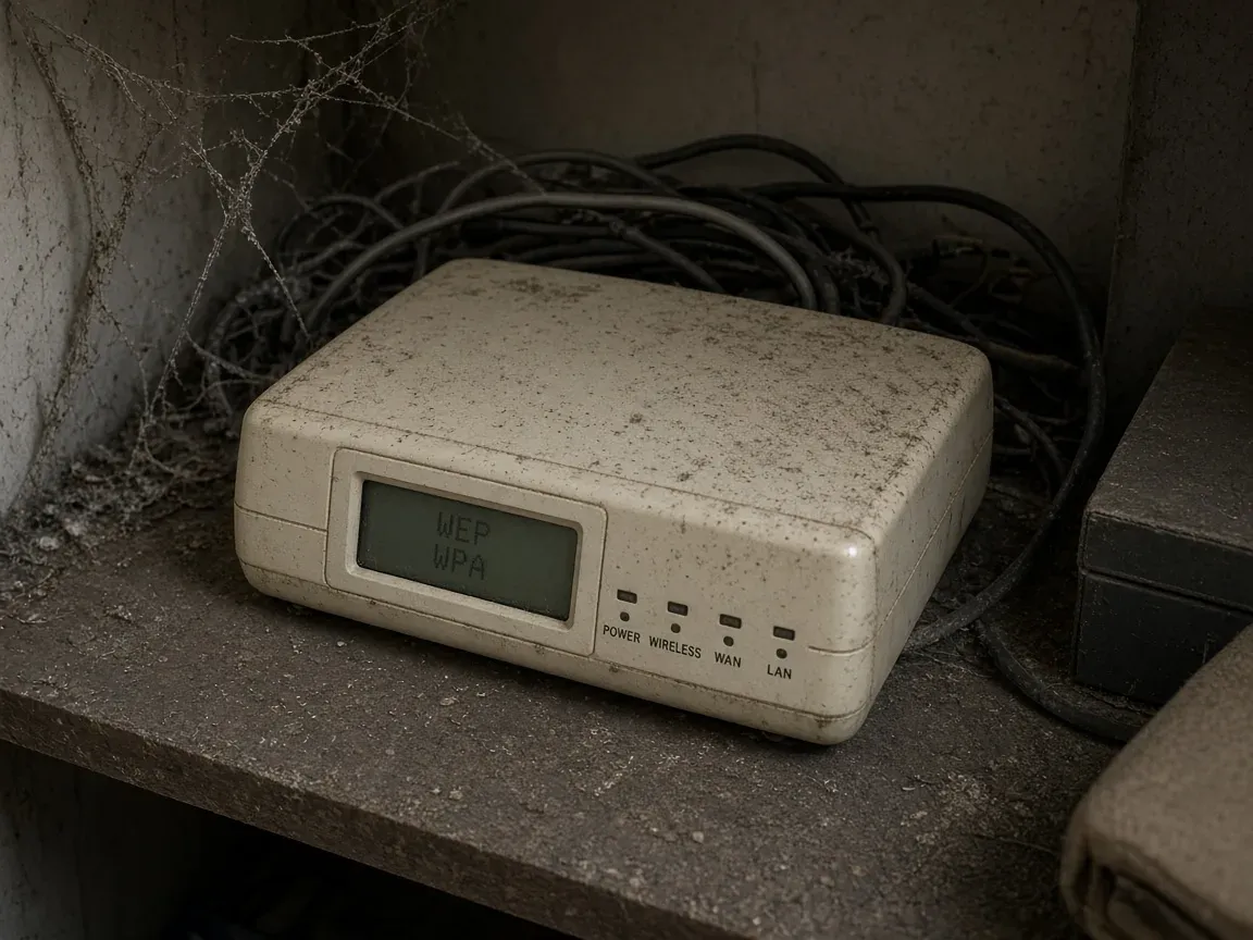 Dusty older Wi-Fi router stored in a home closet, illustrating legacy WEP or WPA-TKIP gear still found in some households.
