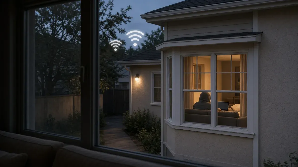 Semi-detached homes with a person in the neighboring unit using a laptop, suggesting unauthorized use of a nearby Wi-Fi network.