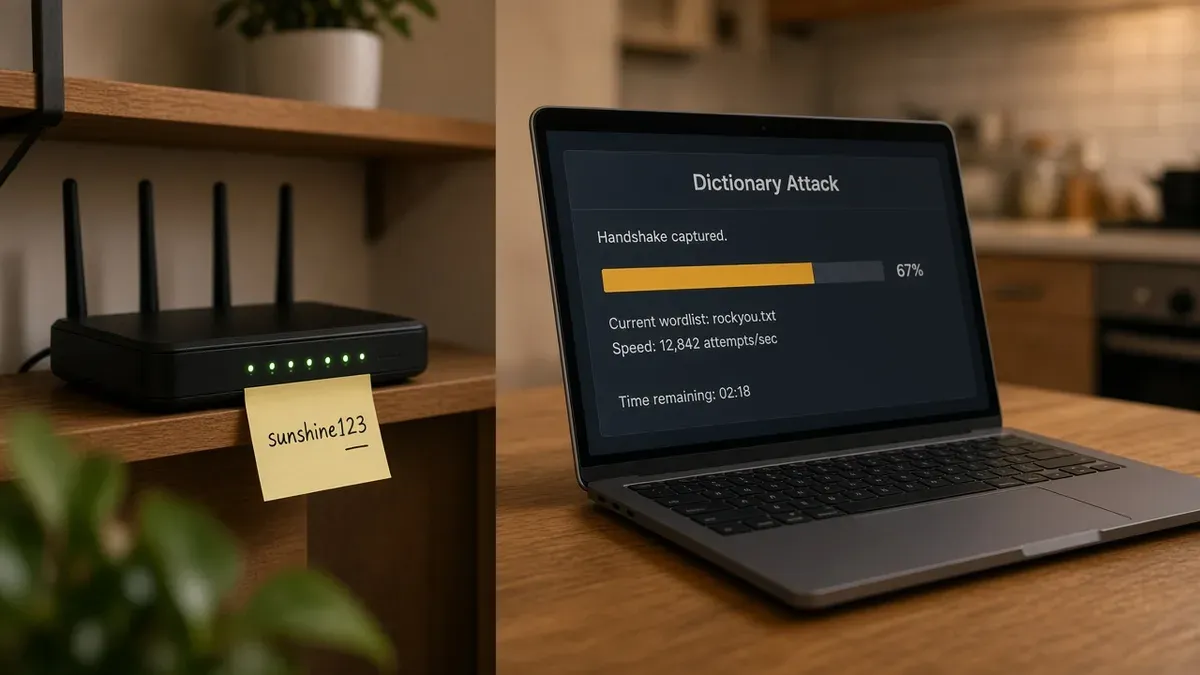 Home desk with a router label and sticky note showing a simple Wi-Fi password beside a laptop displaying a generic password-guessing progress screen.
