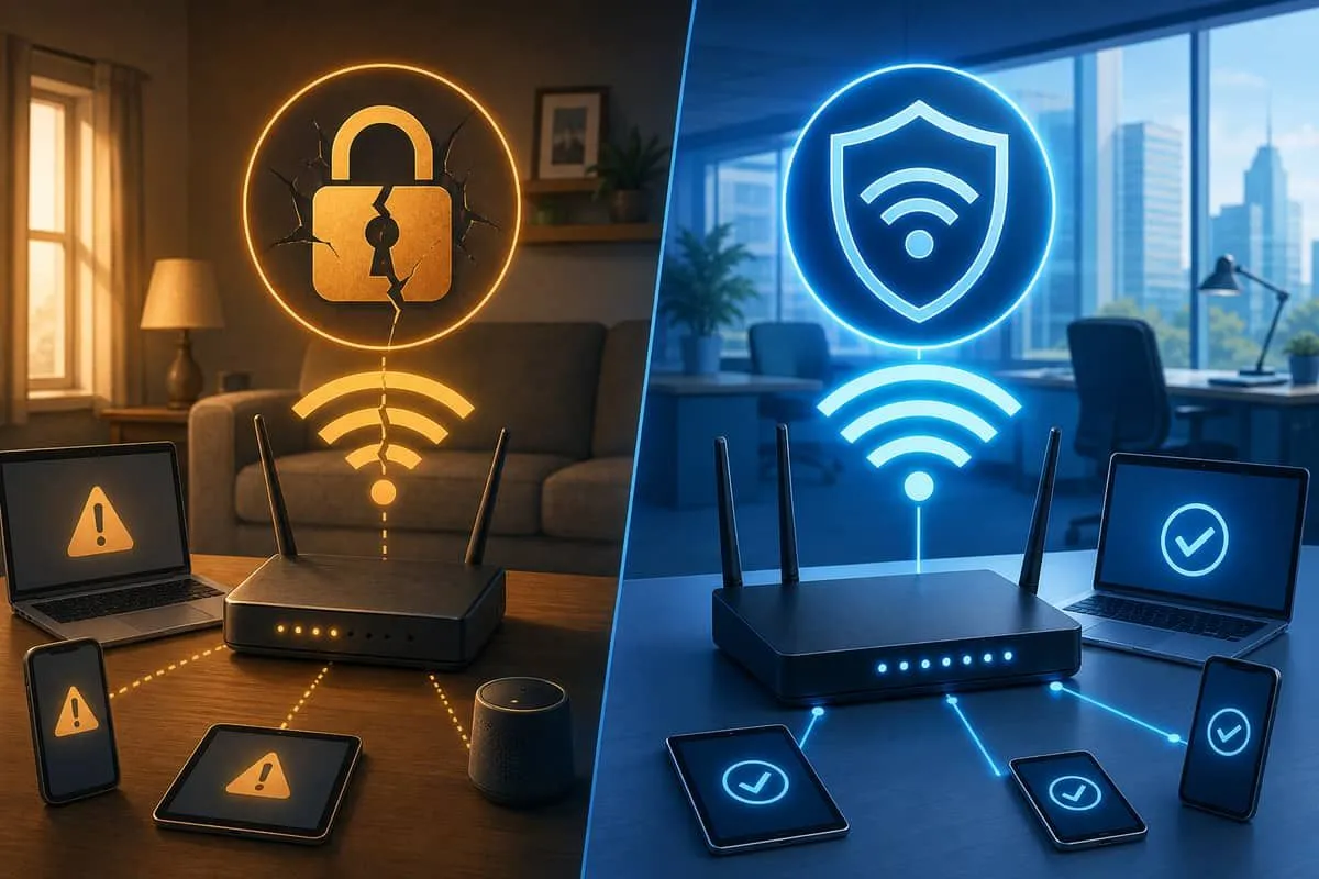 Illustration: weak WPA2 Wi-Fi versus WPA3-protected wireless network