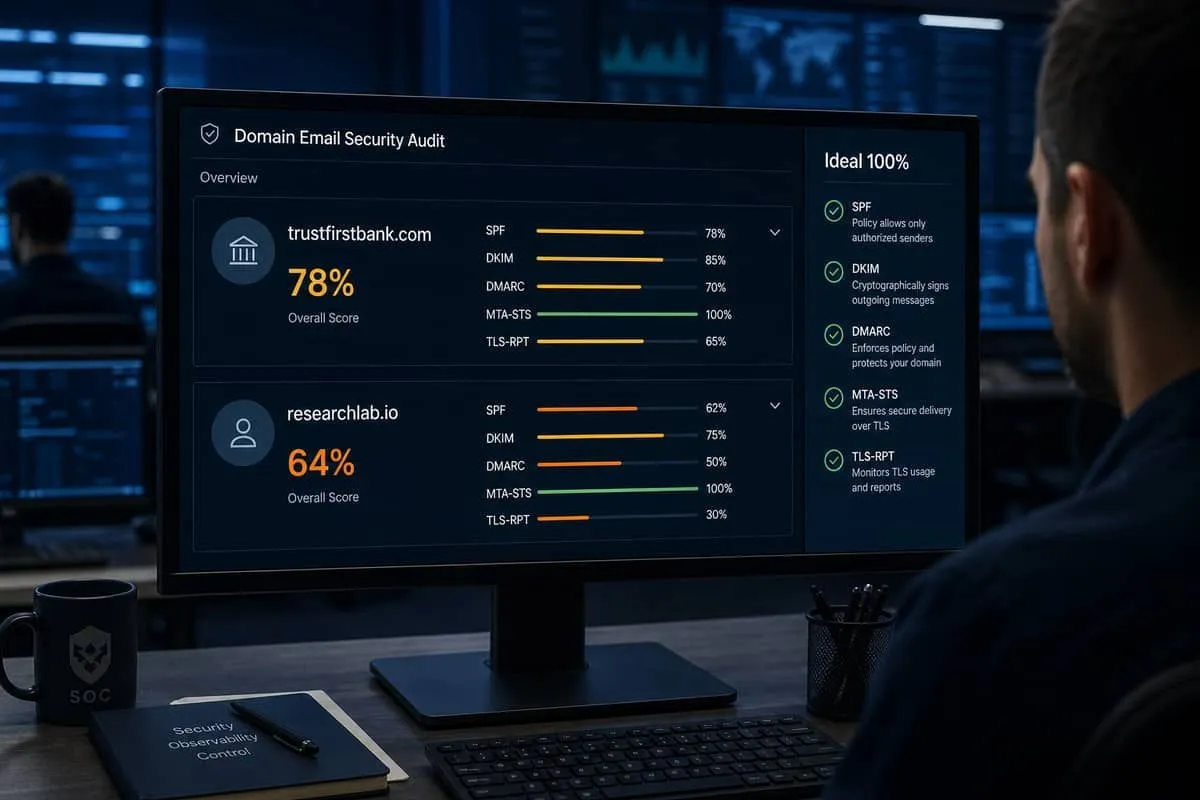 Domain audit scoreboard versus the 100 percent ideal