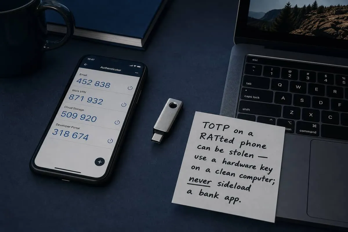 Hardware security key beside an authenticator phone and a note that TOTP on a RATted device can be stolen
