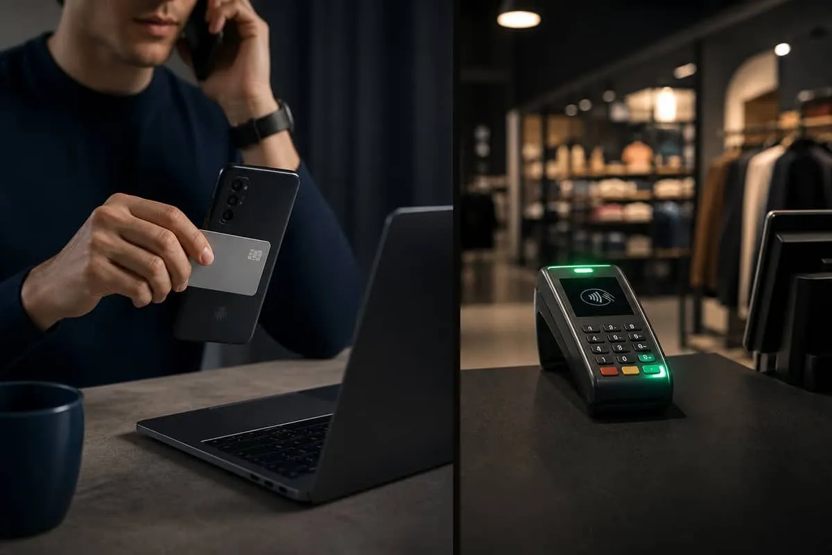 Contactless card tapped on a phone during a call while a distant terminal authorizes