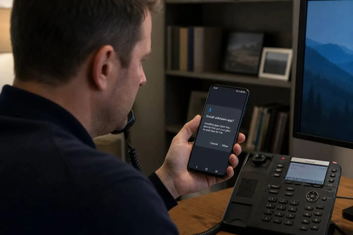 Person on a phone call with an Android install-unknown-app prompt on screen