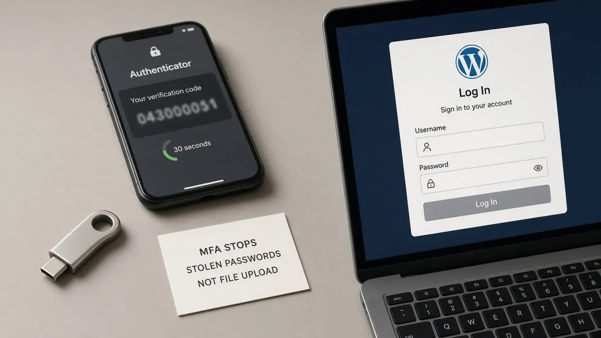Hardware security key and phone authenticator beside a password-only CMS login