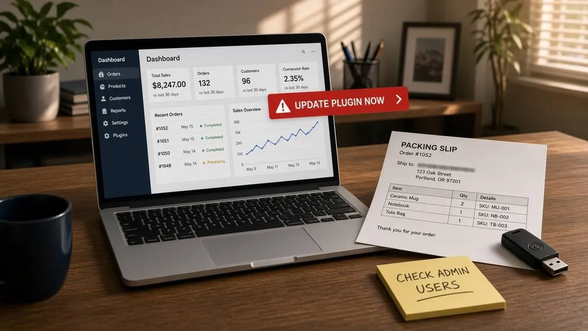 Small-business desk with a store admin dashboard showing an update-plugin banner and a note to check admin users