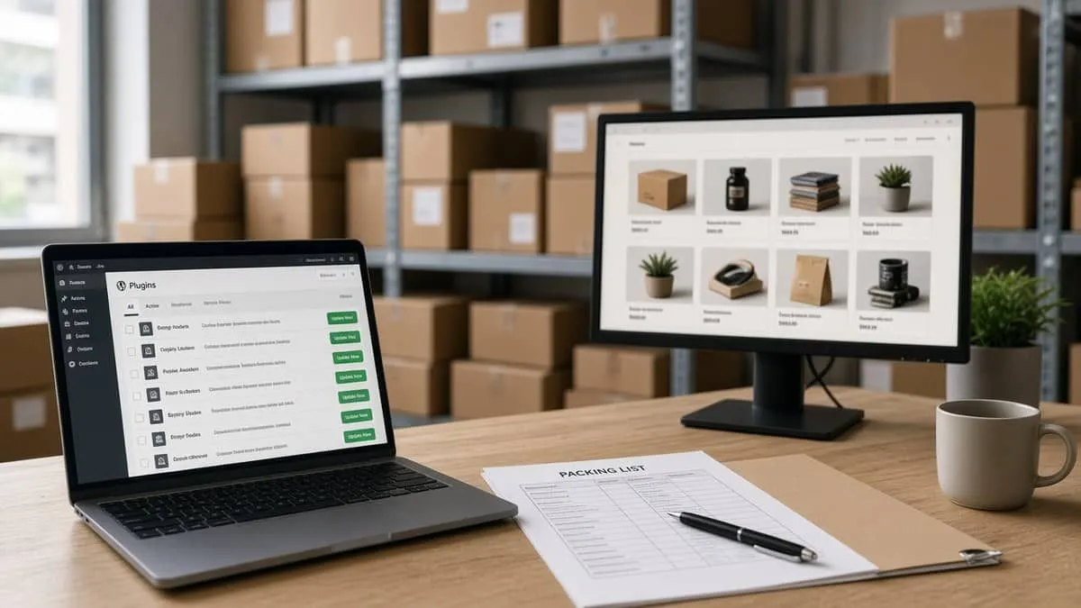 Warehouse office with a laptop open to a generic plugin-update screen beside shipping cartons