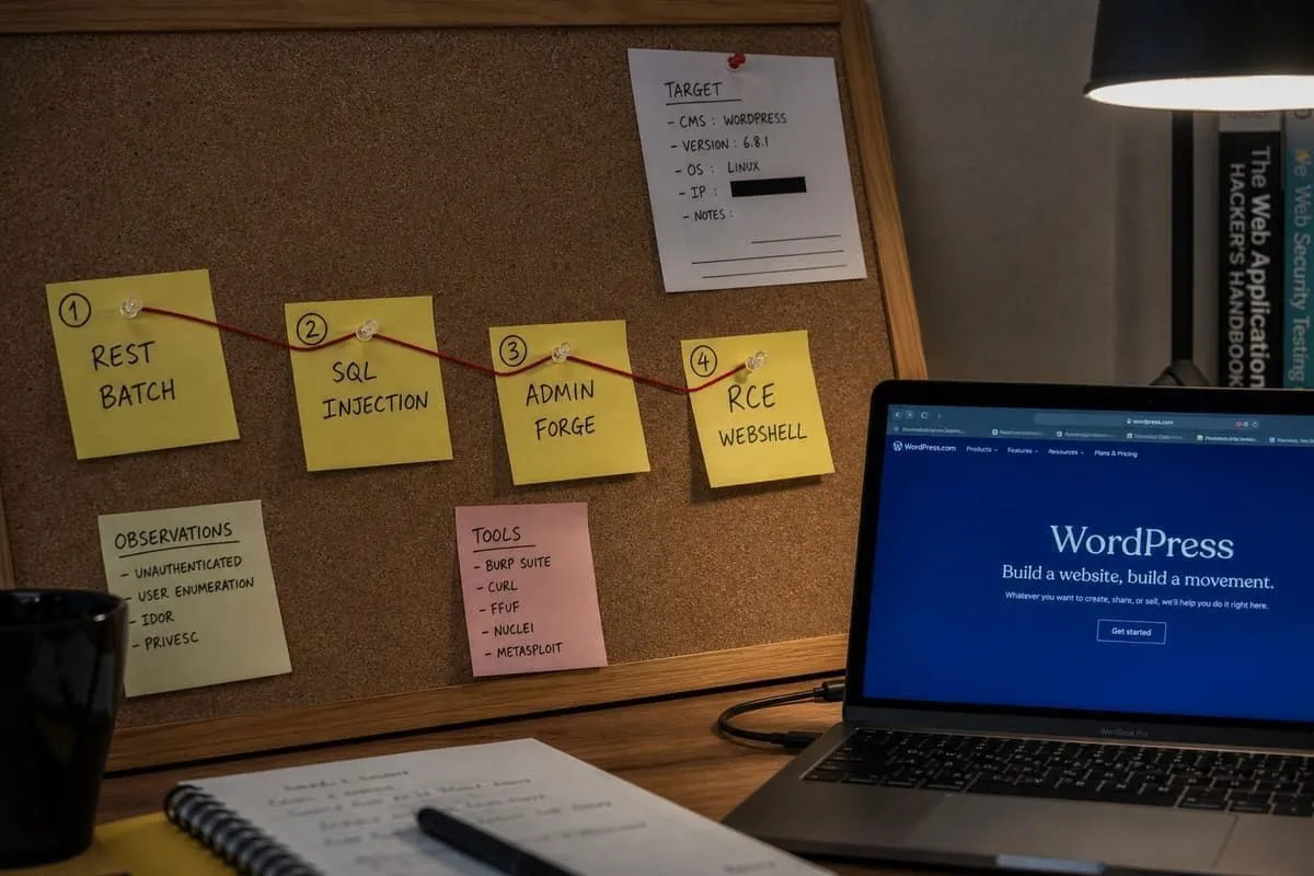 Attack-chain briefing board linking REST batch, SQL injection, admin forge, and RCE