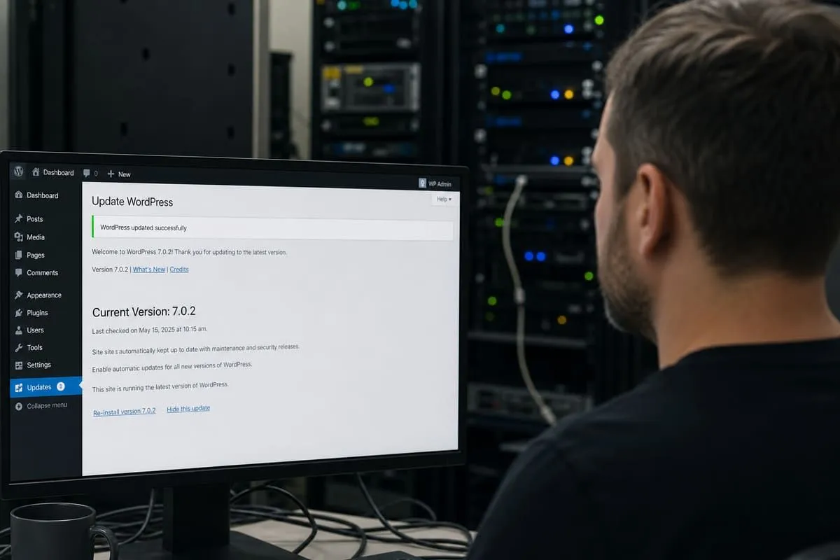 IT administrator confirming WordPress 7.0.2 installed after emergency patch