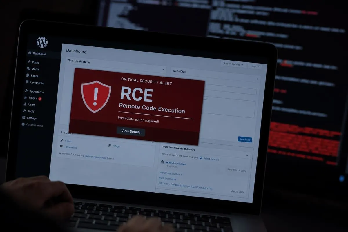 WordPress admin dashboard with a critical remote code execution security alert