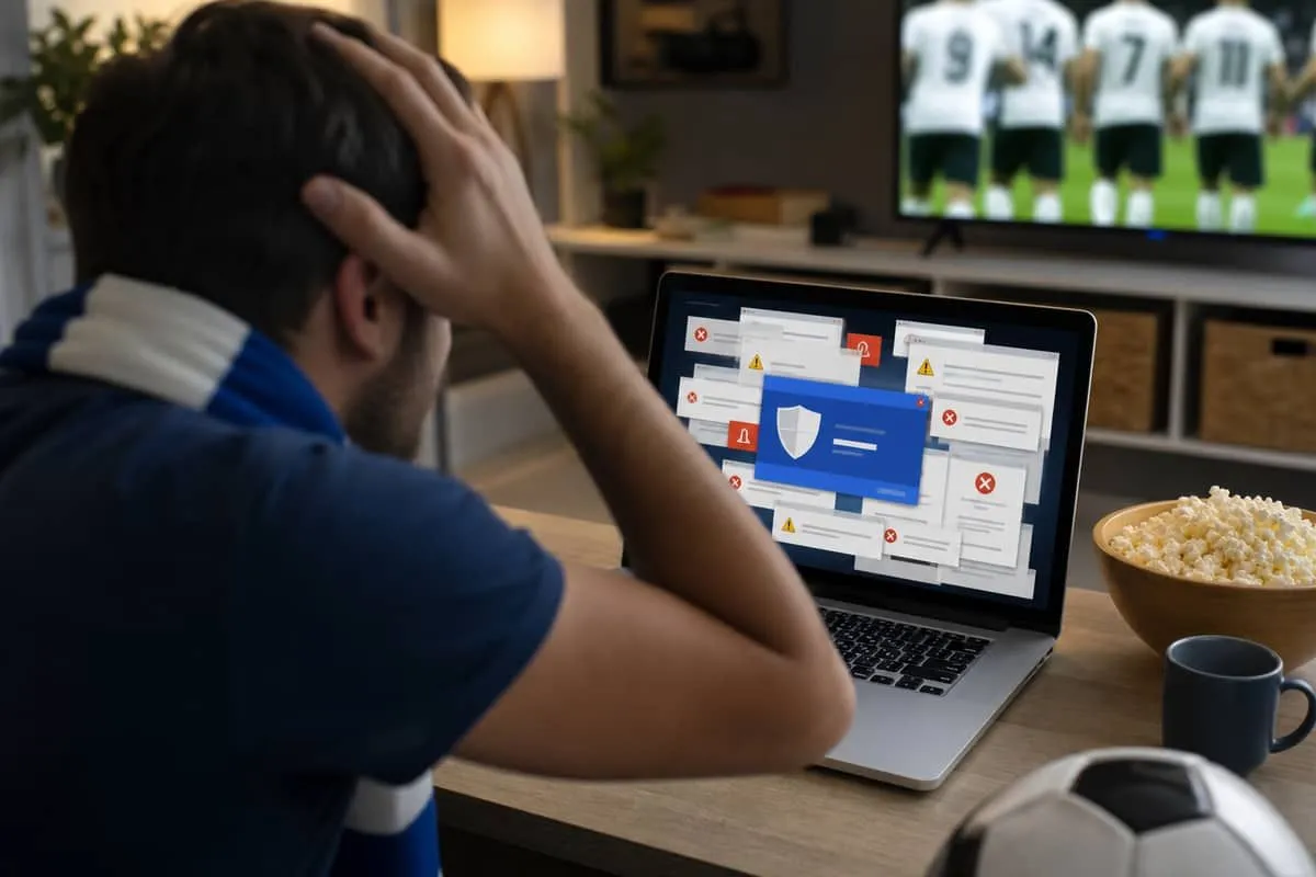Illustration: fan clicking fake free HD World Cup stream flooded with pop-ups while match never loads