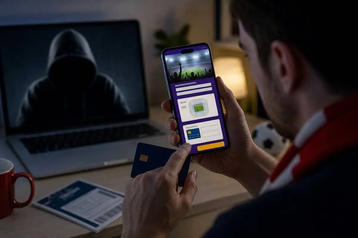 Illustration: fan entering payment details on counterfeit World Cup ticket website