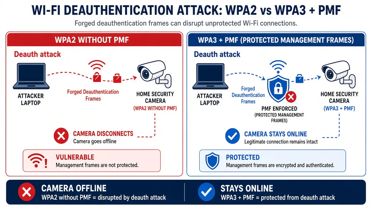 Diagram comparing deauthentication attack on WPA2 versus WPA3 with PMF