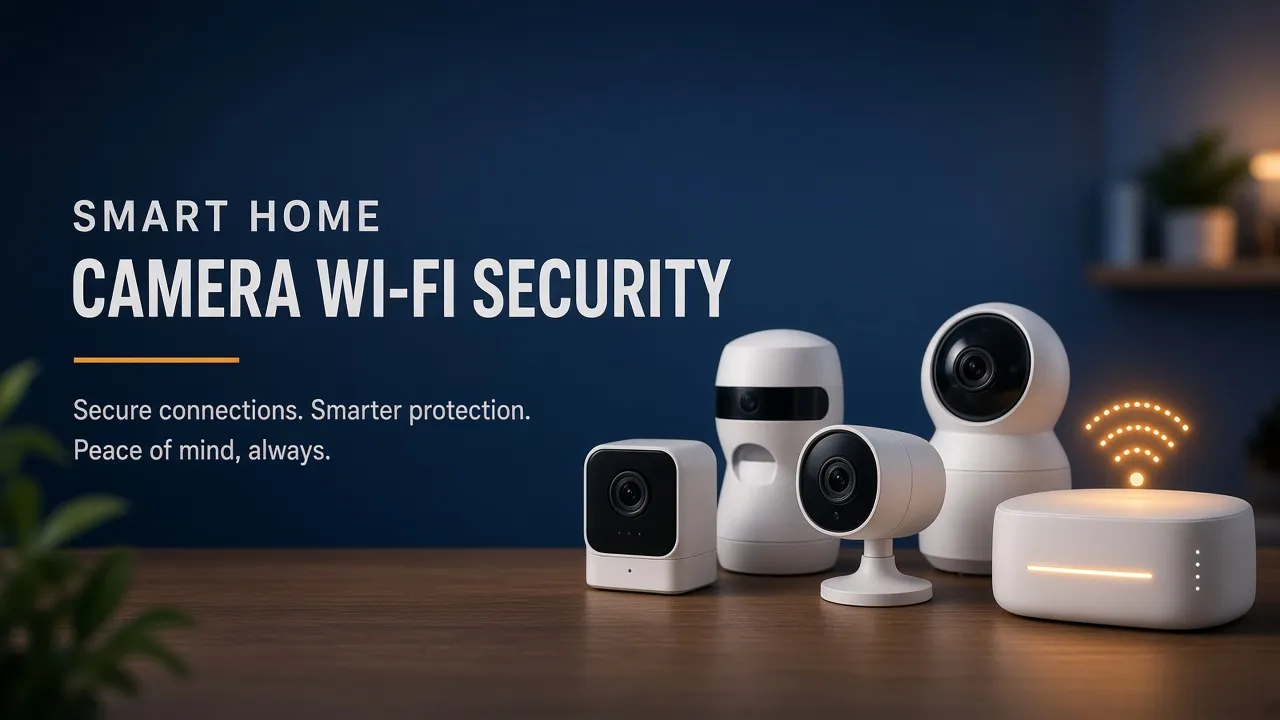 Smart home security cameras and a mesh router with Wi-Fi security warning glow