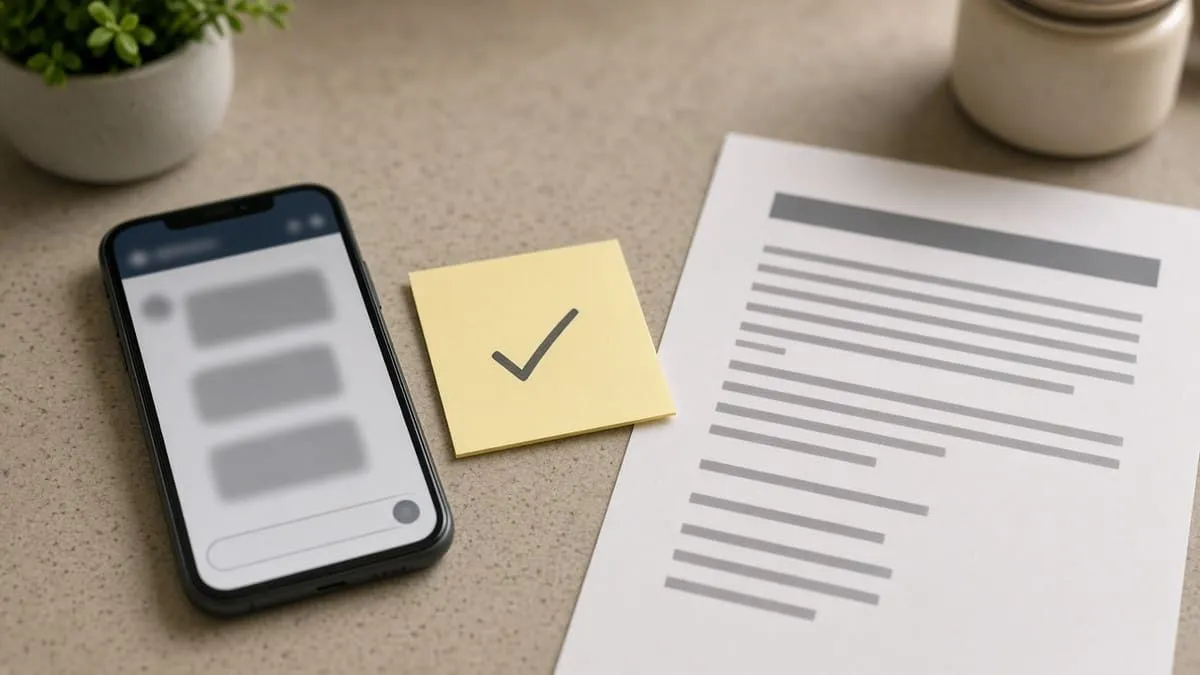 Phone with blurred message bubbles beside a packing slip and a sticky-note checkmark
