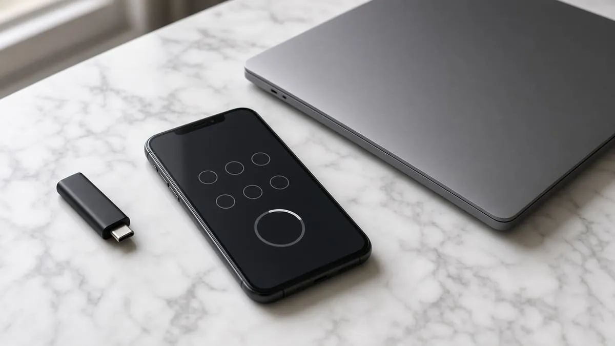 Hardware security key and authenticator phone beside a closed laptop